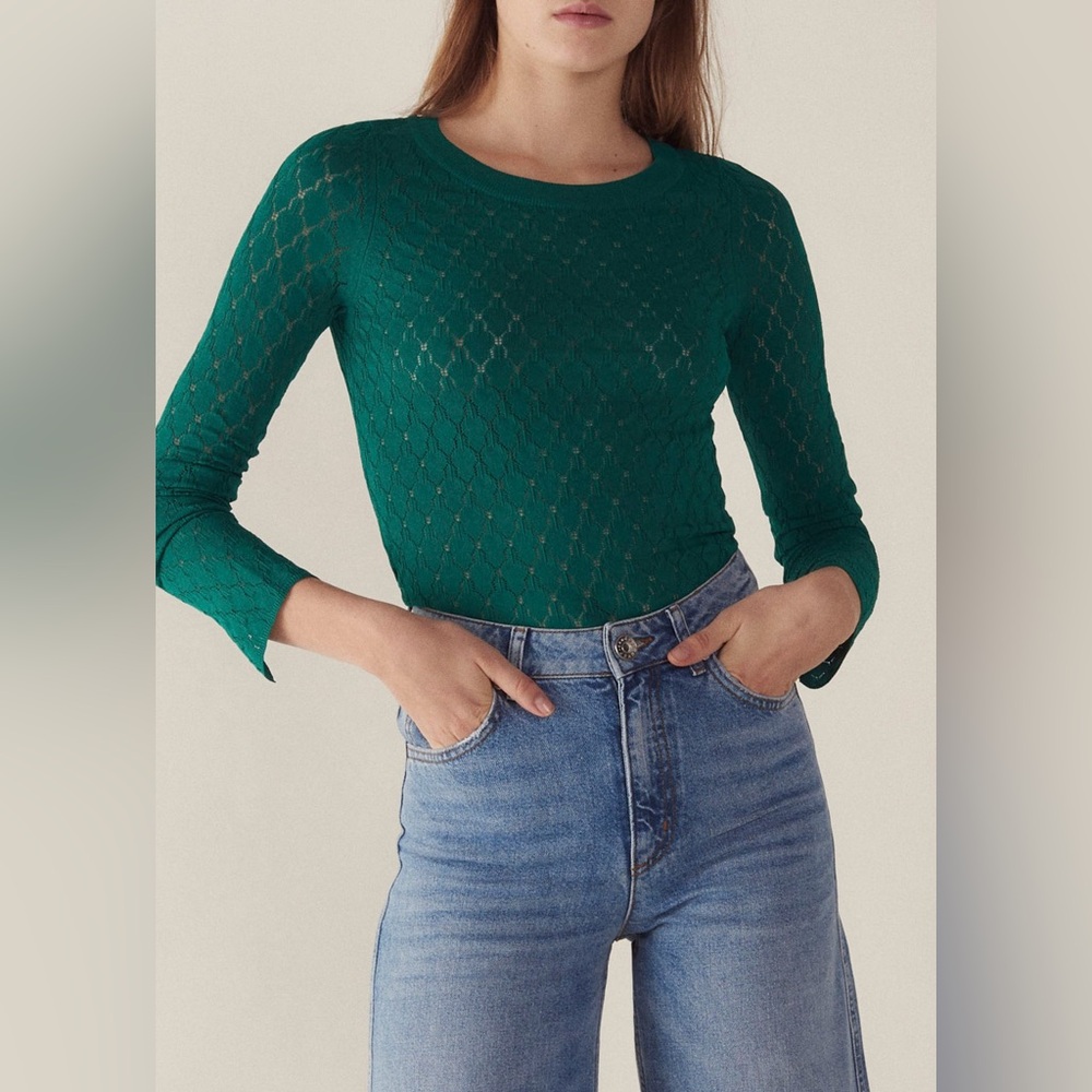 Sandro Paris green 3/4 sleeve fine knit sweater blouse - Picture 4 of 16